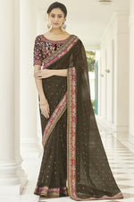 Load image into Gallery viewer, Embroidered Work On Radiant Brown Color Organza Fabric Party Wear Saree
