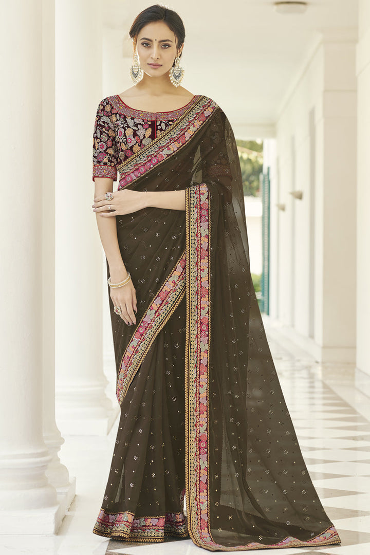Embroidered Work On Radiant Brown Color Organza Fabric Party Wear Saree
