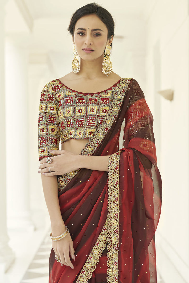 Maroon Color Embroidered Work On Organza Fabric Party Wear Stunning Saree