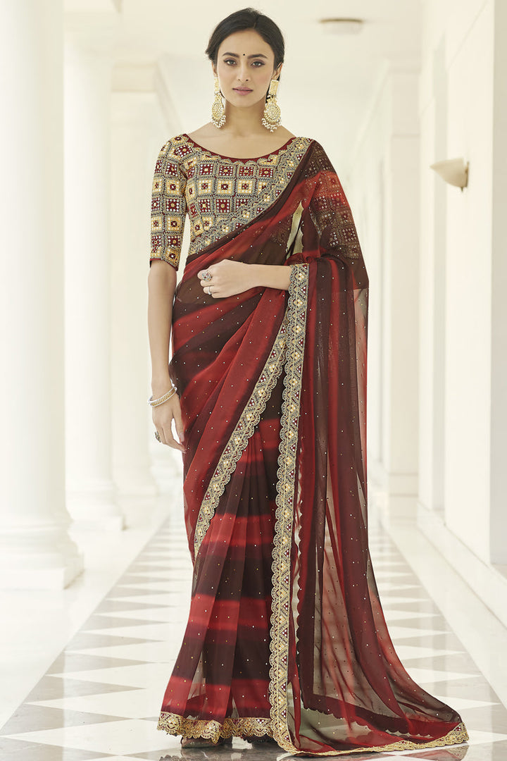 Maroon Color Embroidered Work On Organza Fabric Party Wear Stunning Saree