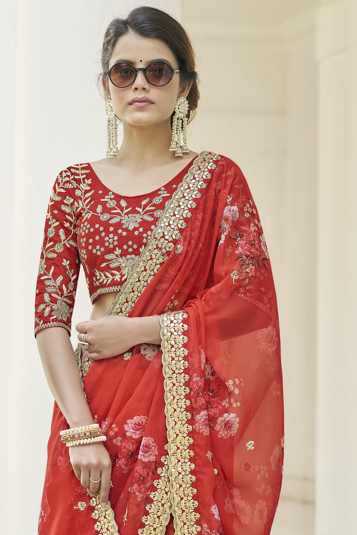 Beguiling Embroidered Work On Red Color Organza Fabric Party Wear Saree