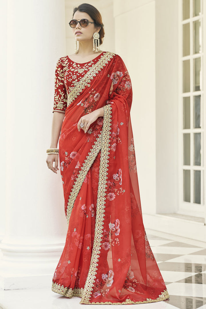 Beguiling Embroidered Work On Red Color Organza Fabric Party Wear Saree