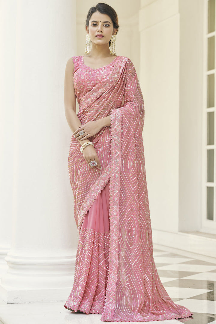 Tempting Georgette Fabric Pink Color Party Wear Saree With Embroidered Work