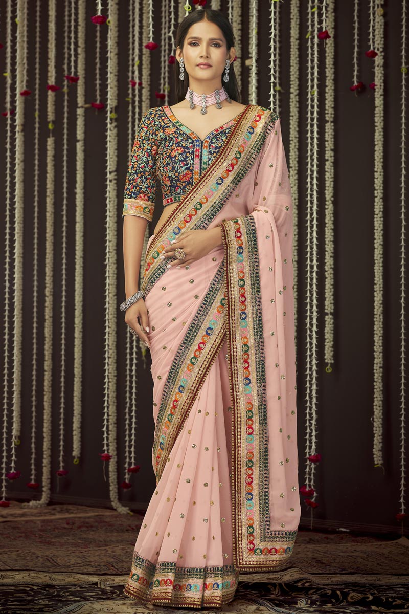 Party Wear Georgette Fabric Superior Border Work Saree In Pink Color