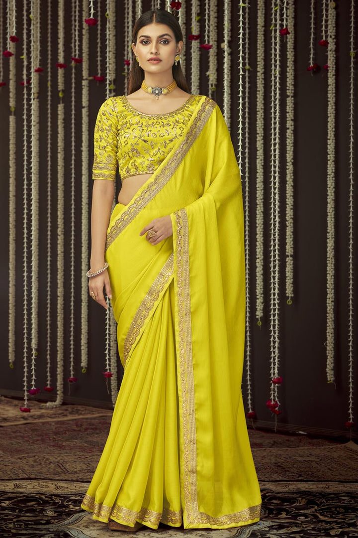 Intricate Chinon Fabric Party Wear Border Work Saree In Yellow Color