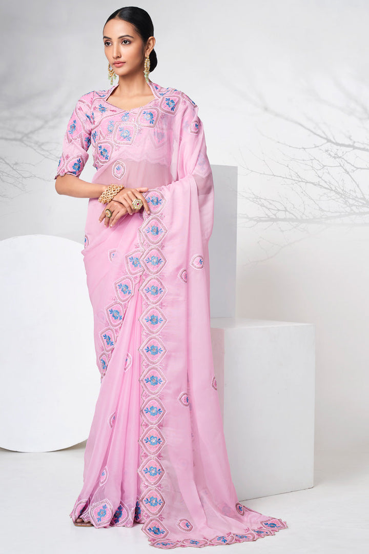 Alluring Organza Fabric Pink Color Function Look Saree