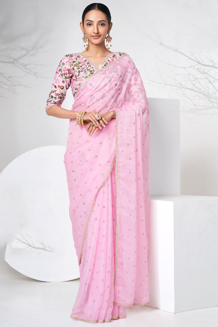 Pink Color Organza Fabric Elegant Function Wear Saree