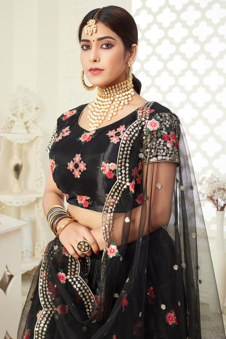 Net Fabric Embroidery Work Wedding Wear Trendy Lehenga Choli In Black Color