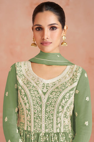 Georgette Readymade Palazzo Suit In Green Color