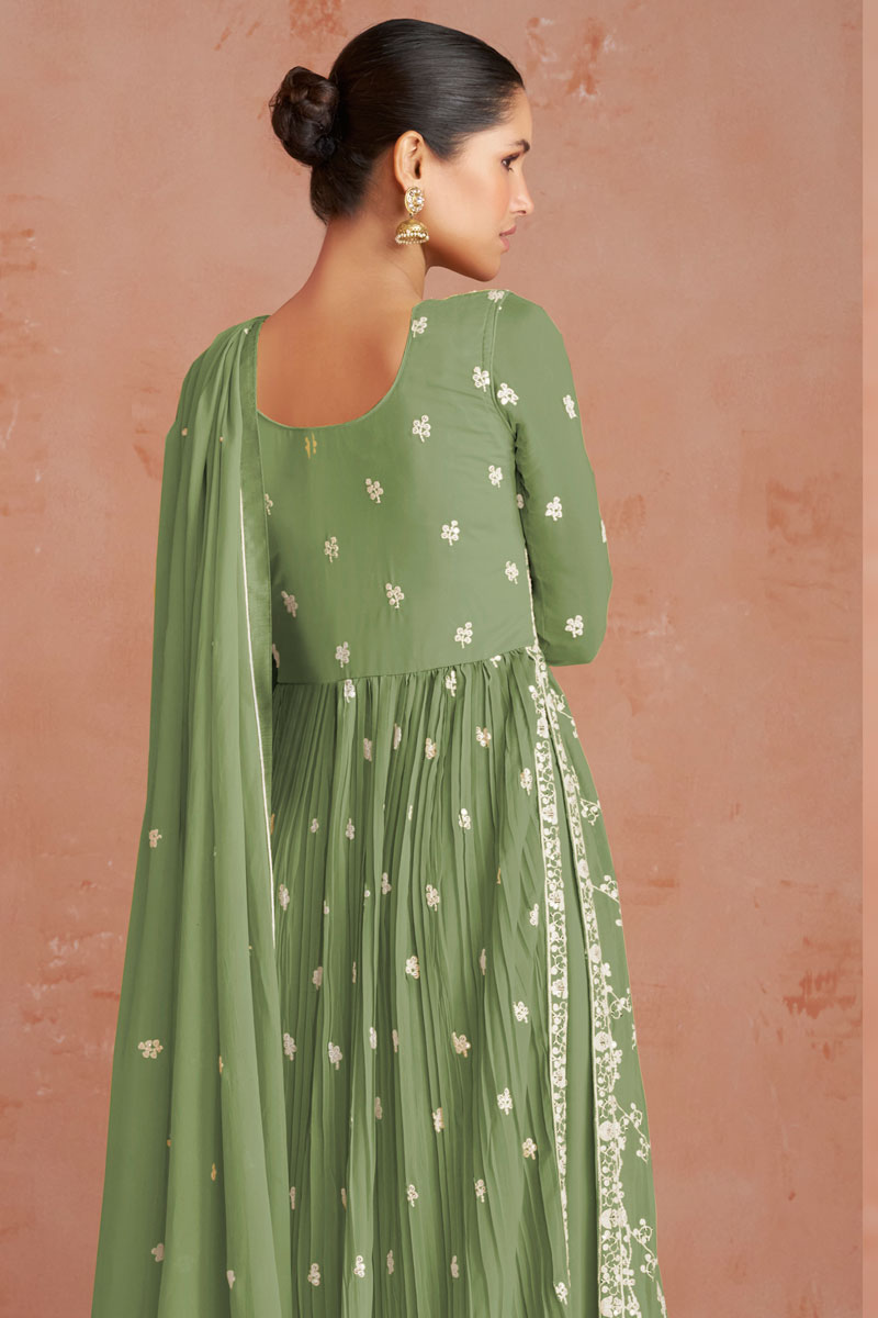 Georgette Readymade Palazzo Suit In Green Color