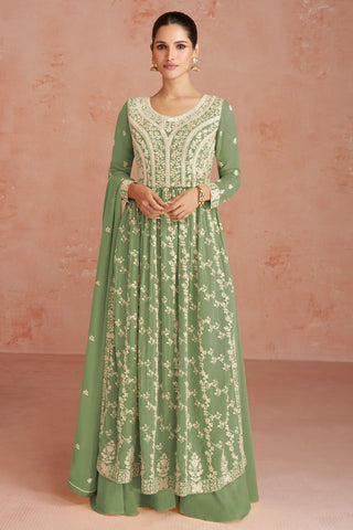 Georgette Readymade Palazzo Suit In Green Color