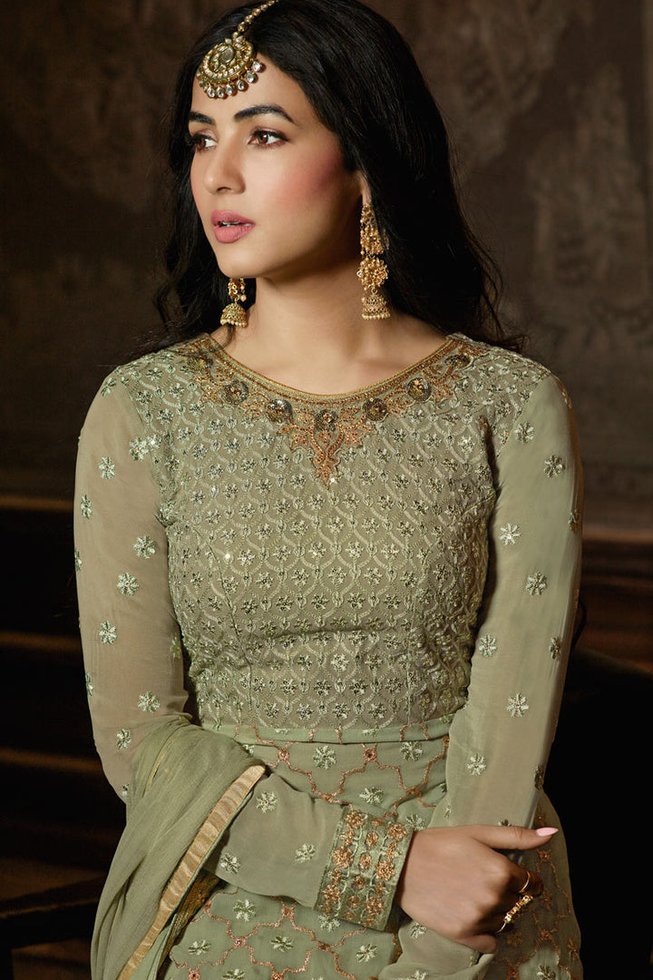 Sonal Chauhan Georgette Fabric Khaki Color Floor Length Sharara Suit