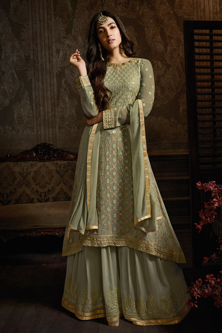 Sonal Chauhan Georgette Fabric Khaki Color Floor Length Sharara Suit