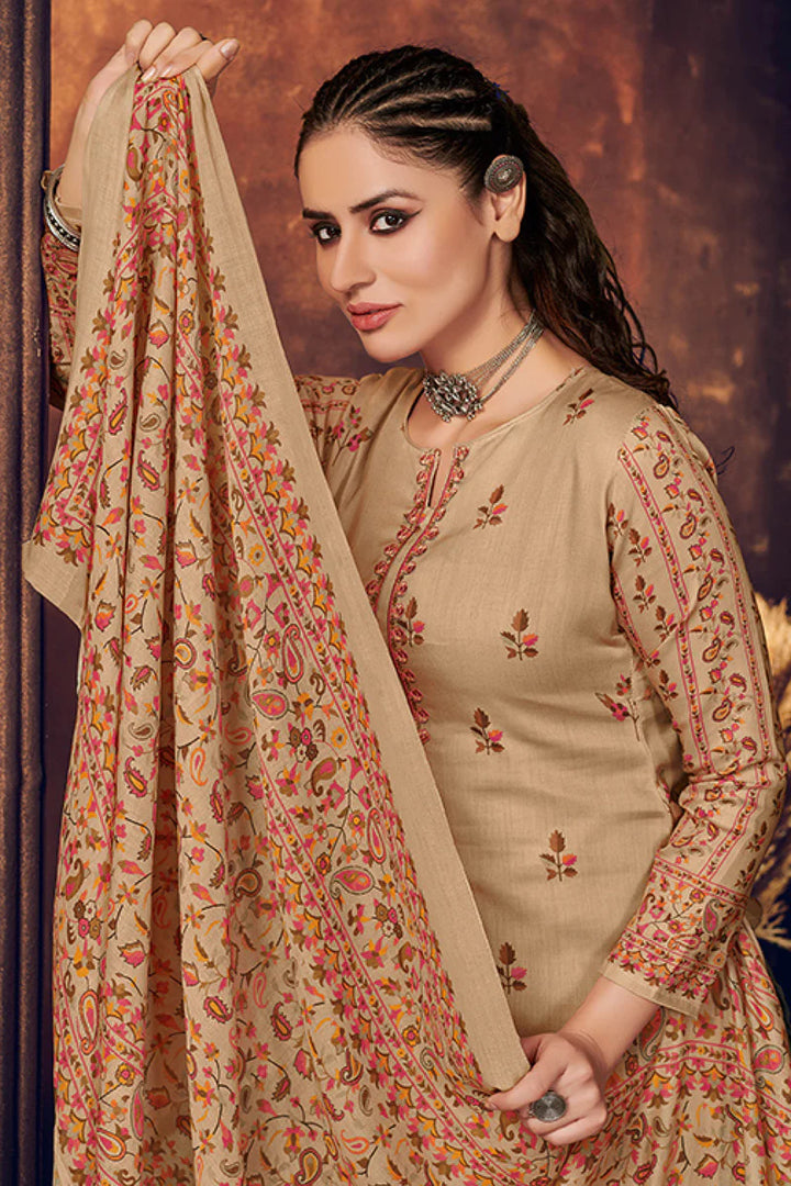 Creative Cotton Fabric Digital Printed Palazzo Suit In Beige Color