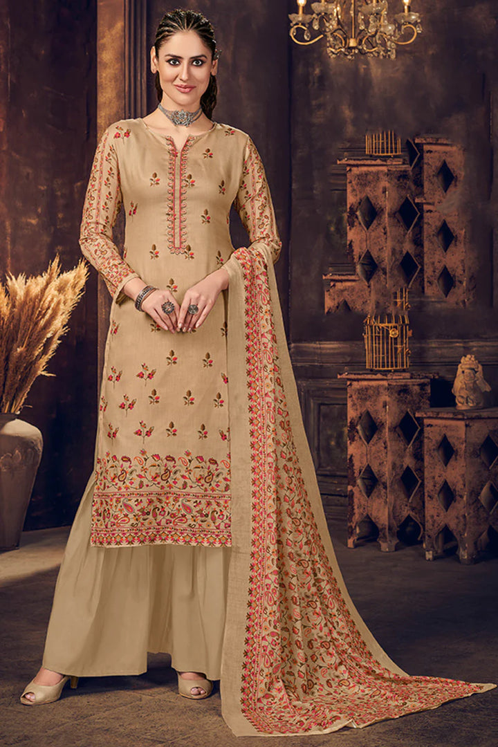 Creative Cotton Fabric Digital Printed Palazzo Suit In Beige Color