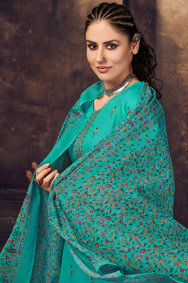 Marvellous Cotton Fabric Digital Printed Palazzo Suit In Cyan Color
