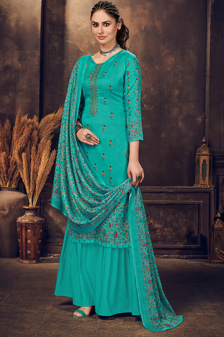 Marvellous Cotton Fabric Digital Printed Palazzo Suit In Cyan Color