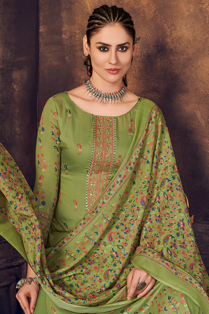 Attractive Cotton Fabric Green Color Digital Printed Palazzo Suit