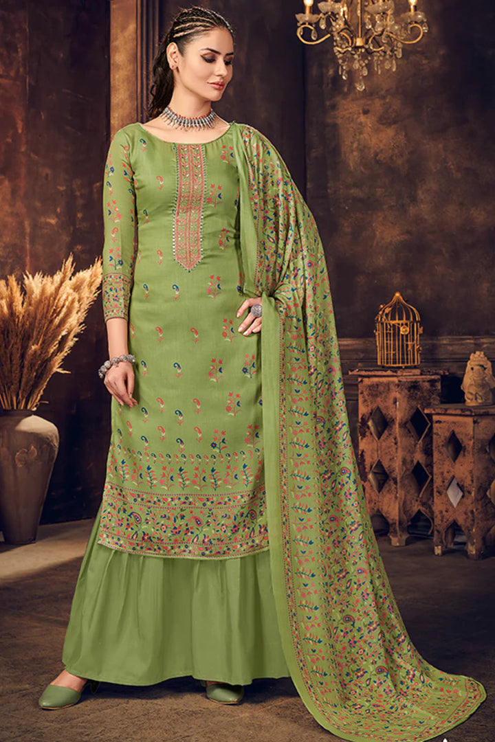 Attractive Cotton Fabric Green Color Digital Printed Palazzo Suit