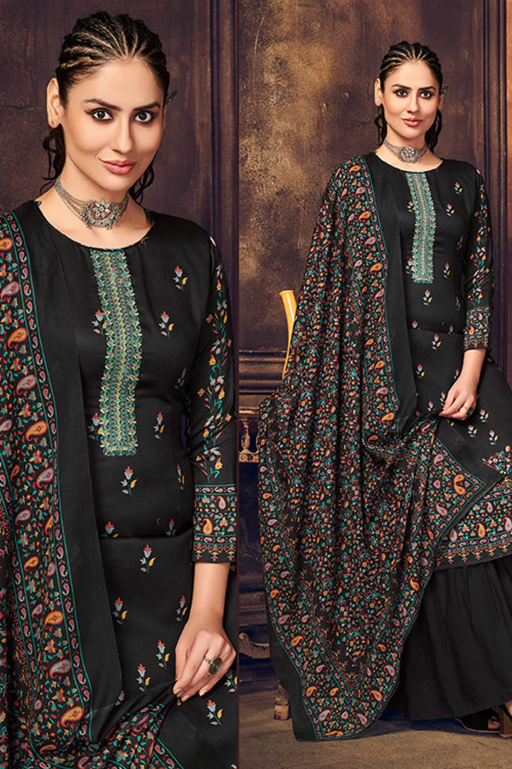 Alluring Black Color Cotton Fabric Digital Printed Palazzo Suit