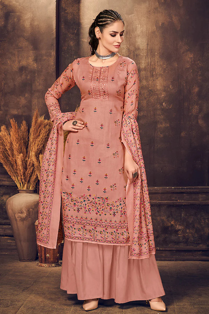 Classic Peach Color Digital Printed Palazzo Suit In Cotton Fabric