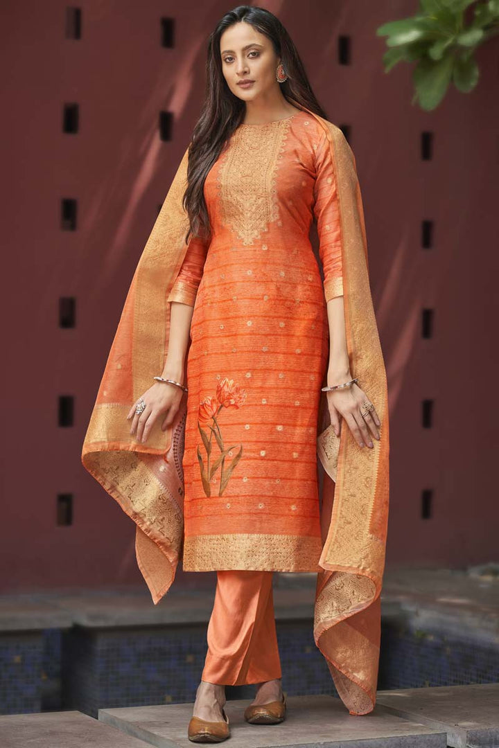 Tempting Jacquard Fabric Orange Color Casual Wear Salwar Suit With Digital Printed Work