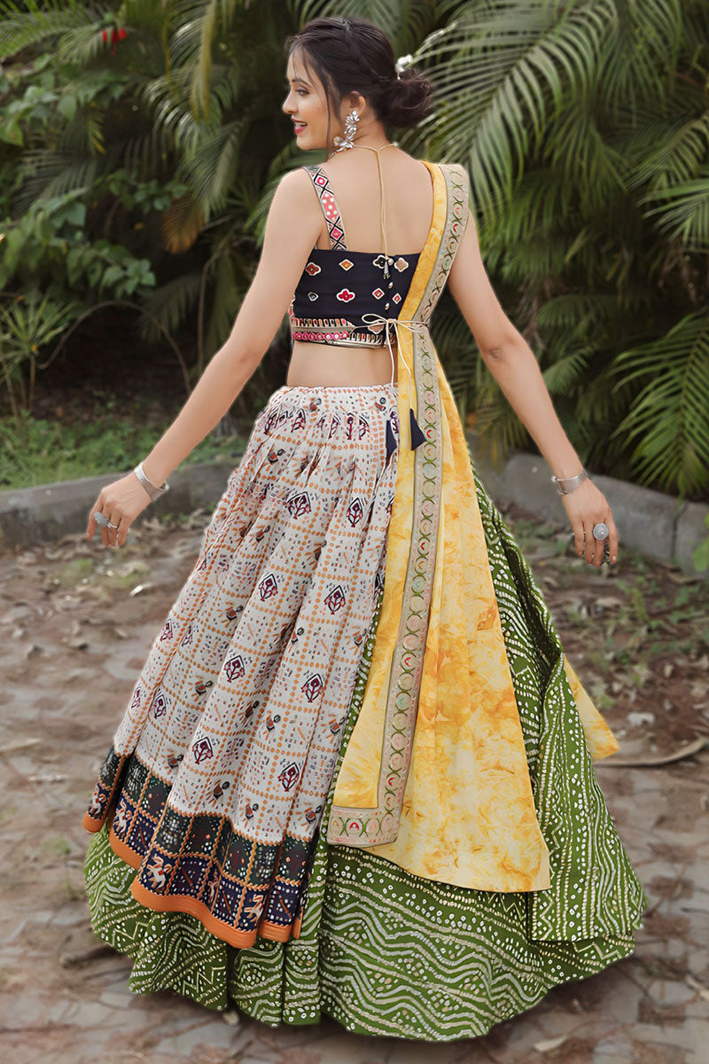 Green Cotton Fabric Readymade Lehenga With Sequins Work