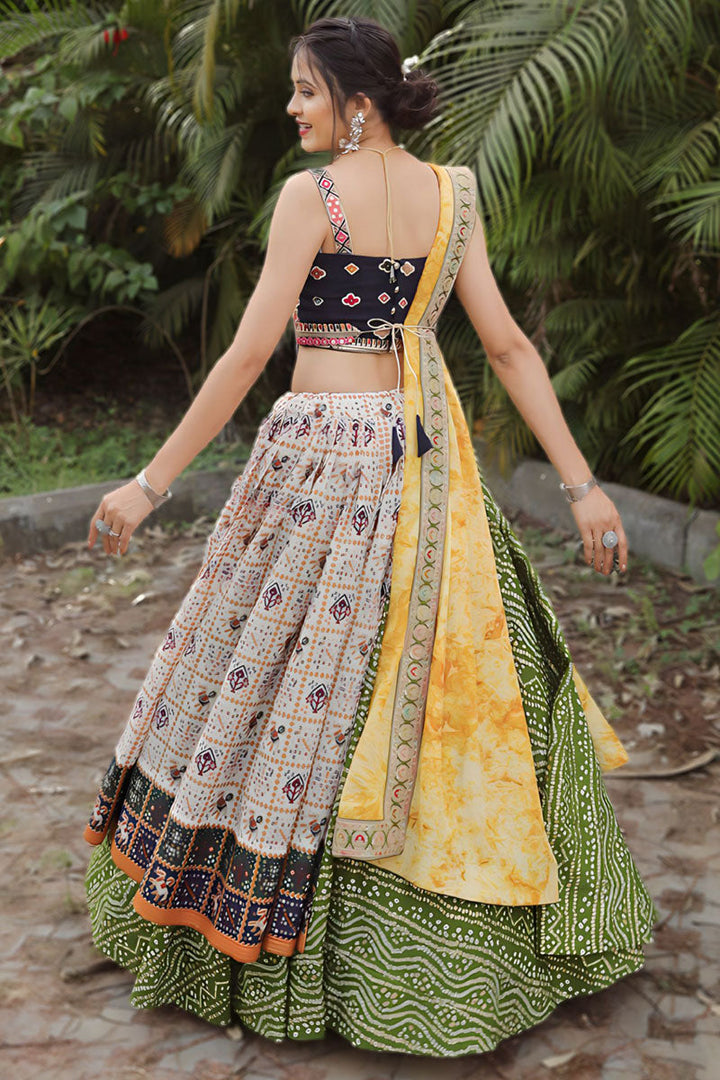 Green Cotton Fabric Readymade Lehenga With Sequins Work