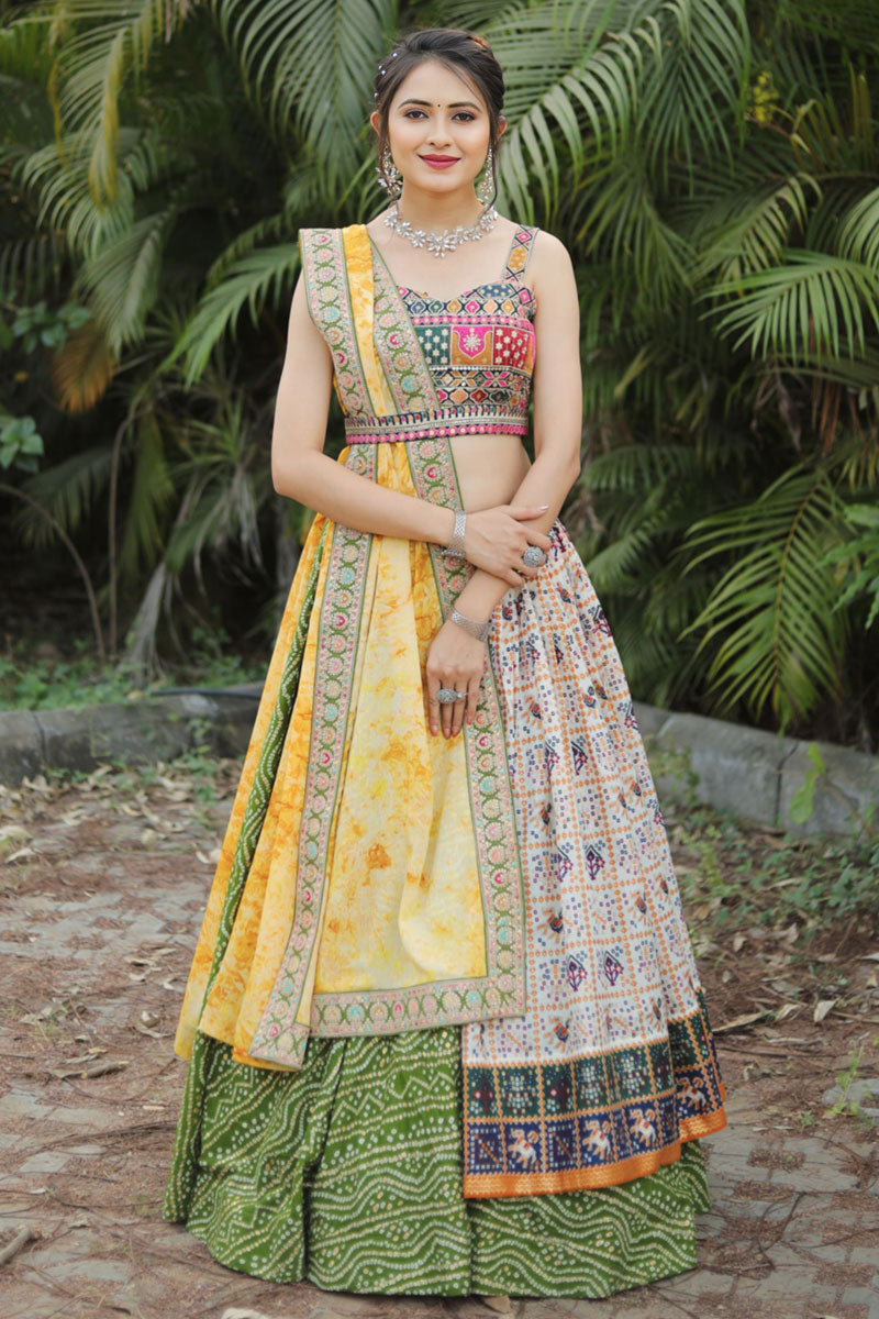 Green Cotton Fabric Readymade Lehenga With Sequins Work