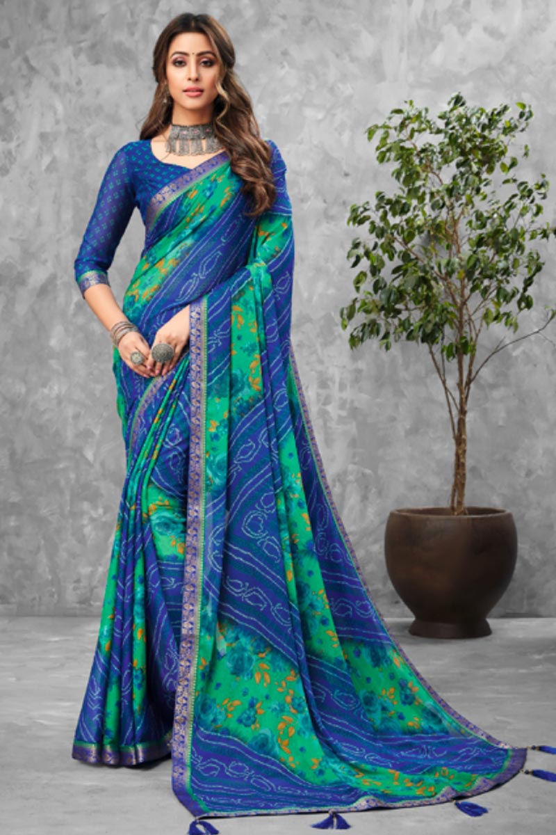 Blue Color Chiffon Fabric Bandhani Type Printed Daily Wear Saree