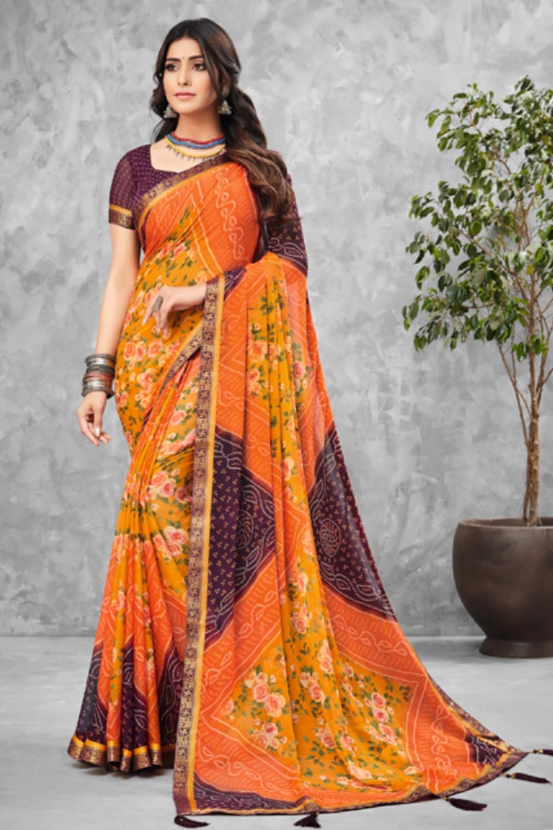Chiffon Fabric Orange Color Daily Wear Bandhani Type Printed Saree