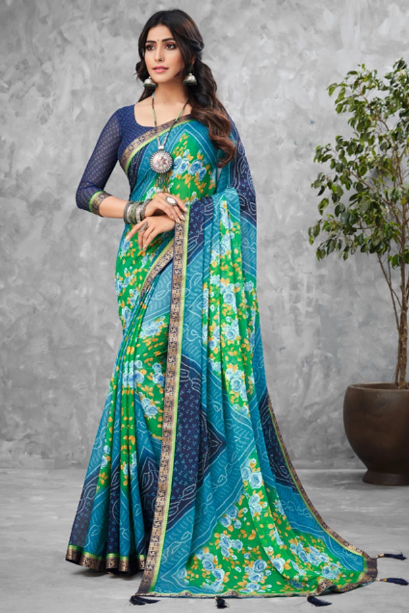 Sky Blue Color Chiffon Fabric Daily Wear Bandhani Type Printed Saree