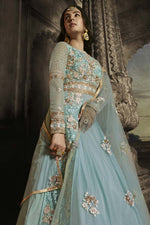 Load image into Gallery viewer, Cyan Color Function Wear Anarkali Suit Featuring Sonal Chauhan In Soothing Net Fabric
