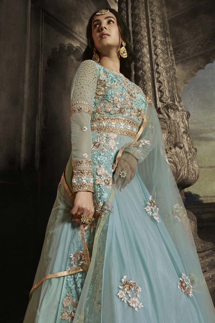 Cyan Color Function Wear Anarkali Suit Featuring Sonal Chauhan In Soothing Net Fabric