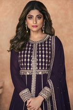 Load image into Gallery viewer, Purple Color Georgette Fabric Function Wear Readymade Anarkali Suit Featuring Shamita Shetty With Sparkling Embroidered Work
