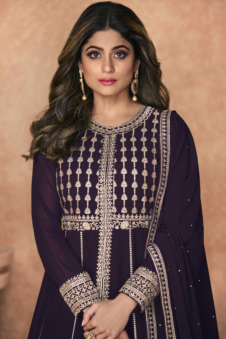 Purple Color Georgette Fabric Function Wear Readymade Anarkali Suit Featuring Shamita Shetty With Sparkling Embroidered Work