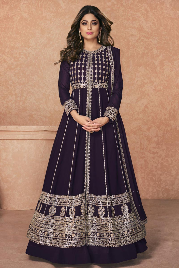 Purple Color Georgette Fabric Function Wear Readymade Anarkali Suit Featuring Shamita Shetty With Sparkling Embroidered Work