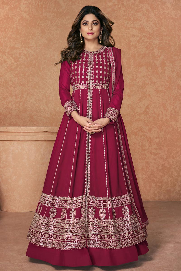 Rani Color Function Wear Ravishing Embroidered Readymade Anarkali Suit Featuring Shamita Shetty In Georgette Fabric
