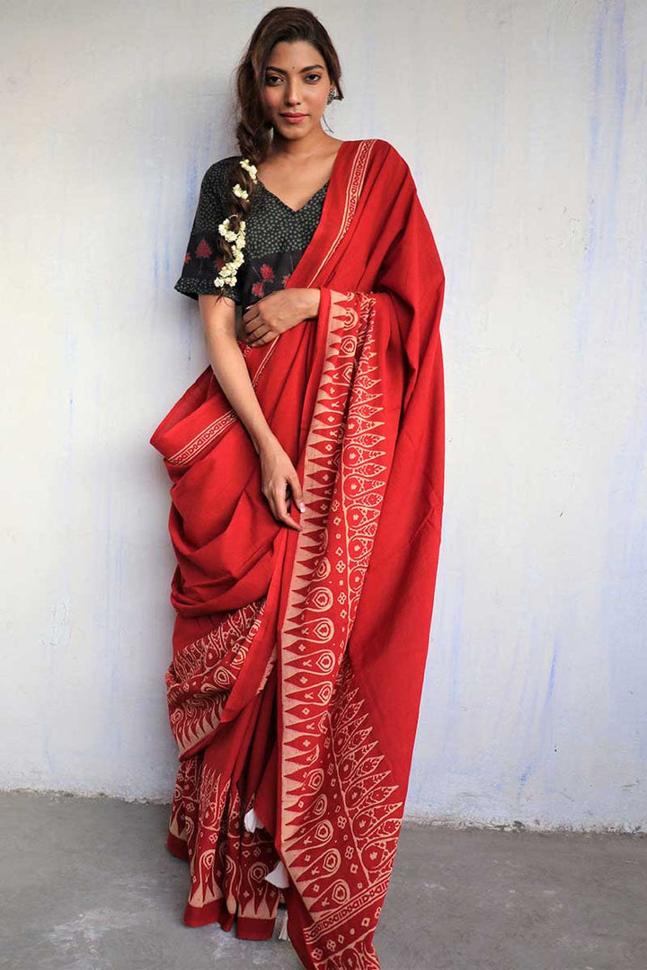 Cotton Fabric Red Color Supreme Jaipuri Saree
