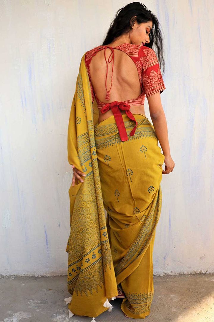 Alluring Cotton Fabric Mustard Color Jaipuri Saree