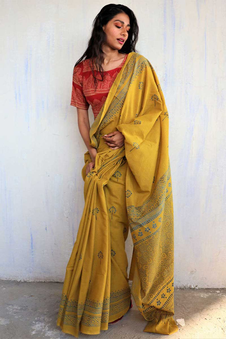 Alluring Cotton Fabric Mustard Color Jaipuri Saree