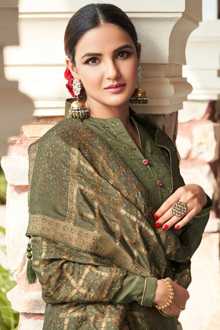 Radiant Mehendi Green Color Satin Fabric Function Wear Palazzo Suit Featuring Jasmin Bhasins