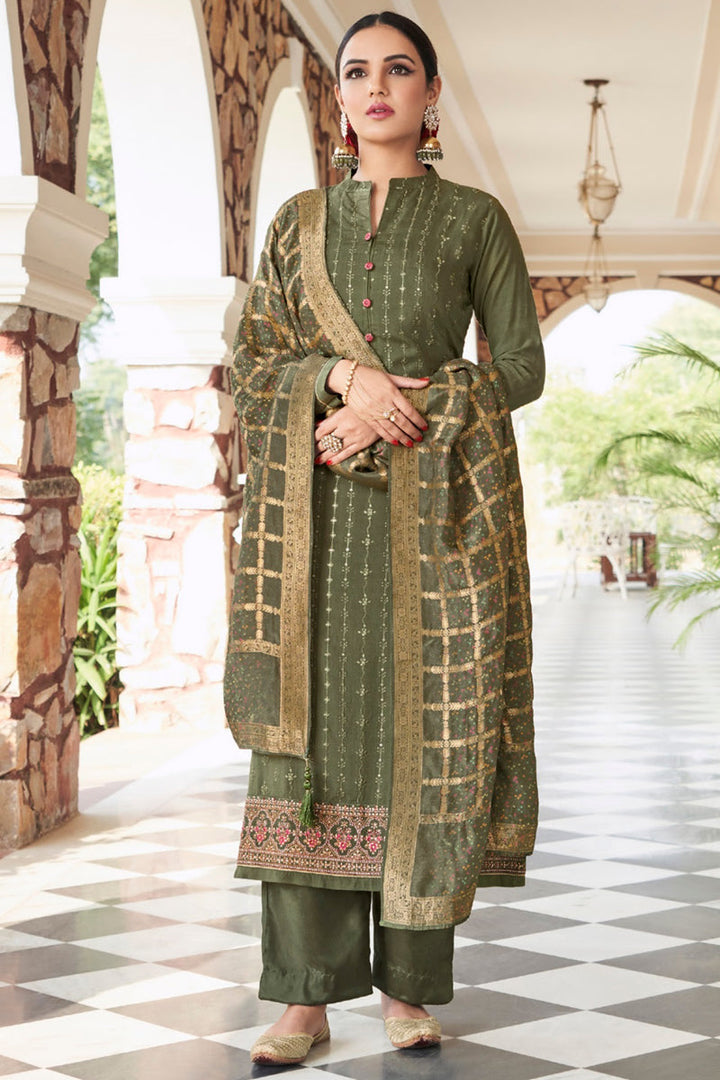 Radiant Mehendi Green Color Satin Fabric Function Wear Palazzo Suit Featuring Jasmin Bhasins