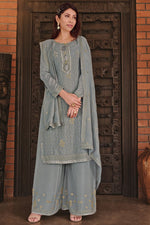 Load image into Gallery viewer, Chinon Fabric Festive Wear Designer Embroidered Grey Color Palazzo Suit

