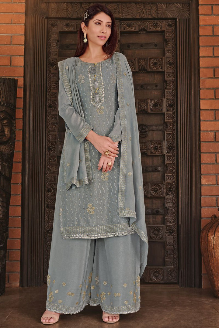 Chinon Fabric Festive Wear Designer Embroidered Grey Color Palazzo Suit