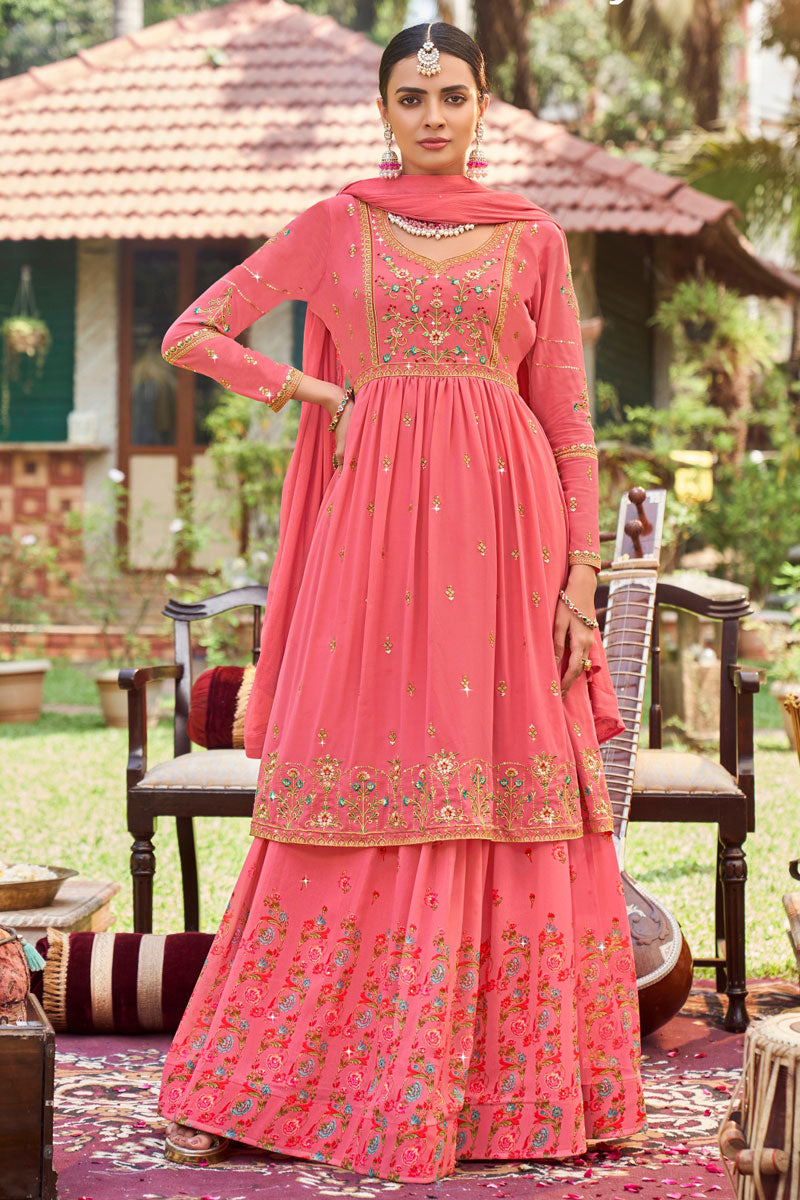 Bewitching Readymade Sharara Top Lehenga In Pink Color
