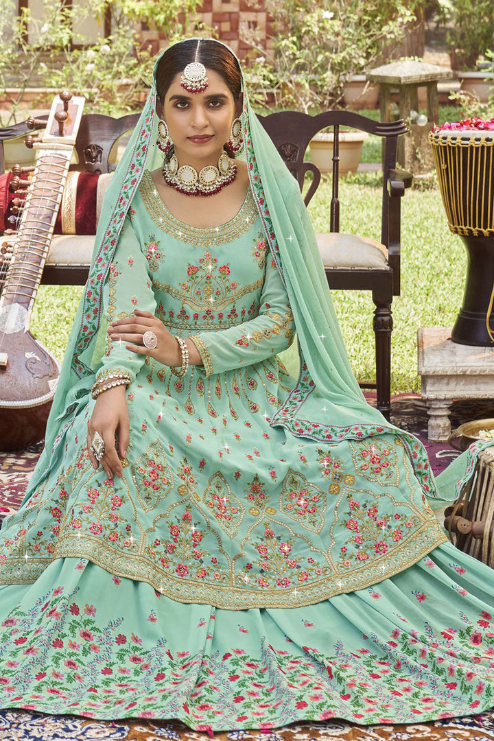 Georgette Sea Green Color Readymade Sharara Top Lehenga
