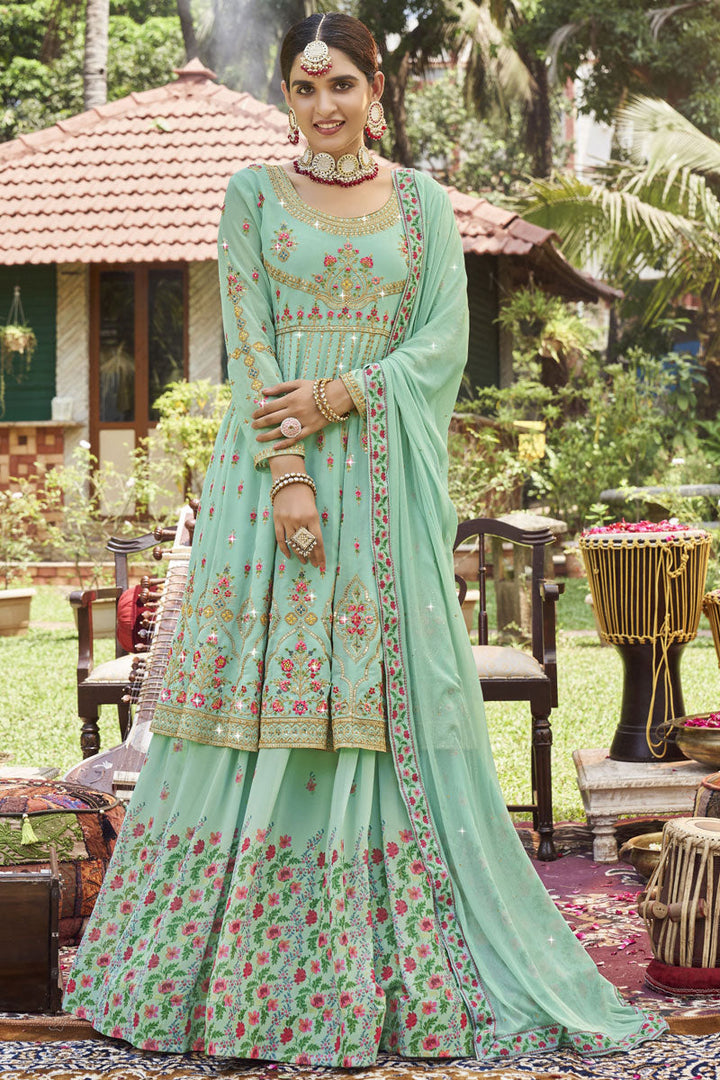 Georgette Sea Green Color Readymade Sharara Top Lehenga