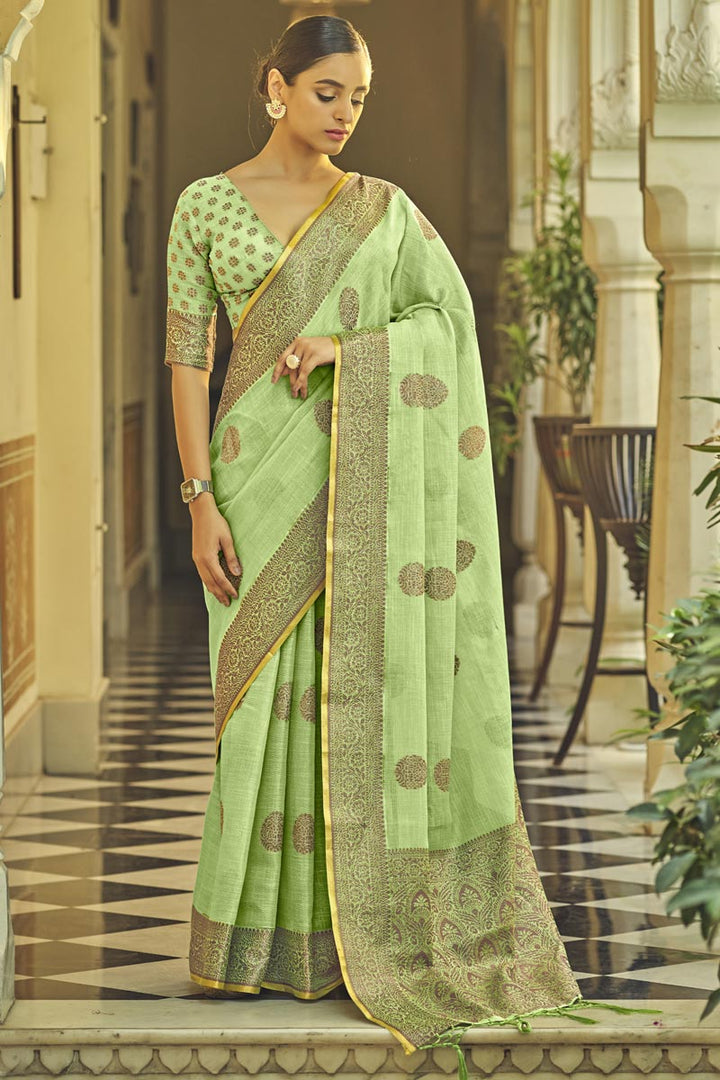 Attractive Linen Fabric Green Color Festival Look Saree