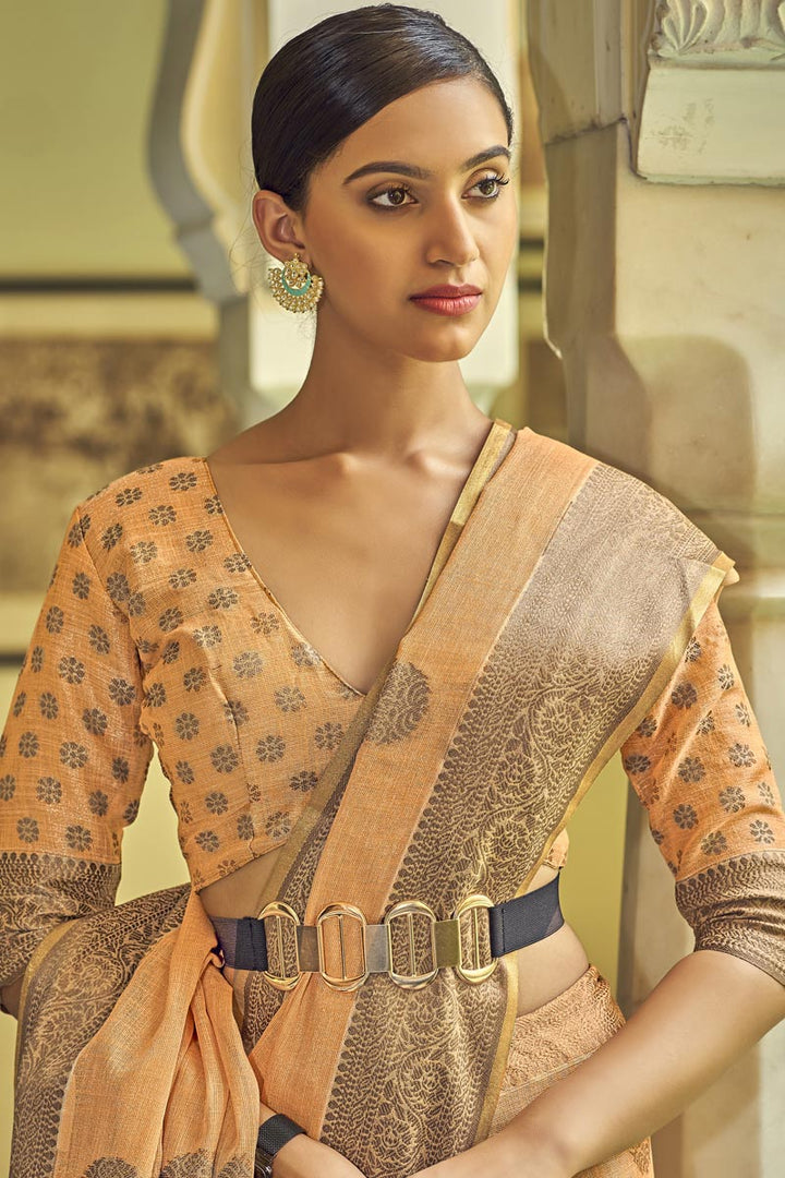 Orange Color Linen Fabric Festival Look Riveting Saree